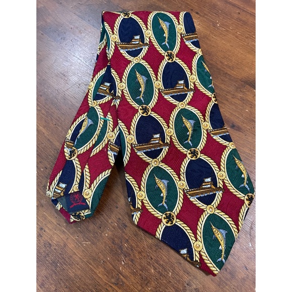 Tommy Hilfiger Tie Necktie Fishing Pattern Red Blue Green 100% Italian Silk - Picture 1 of 6